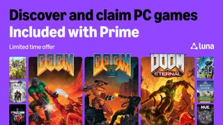 A promotional banner for Amazon Luna shows various PC game covers, including DOOM, DOOM II, and DOOM Eternal, against a bright purple background.
