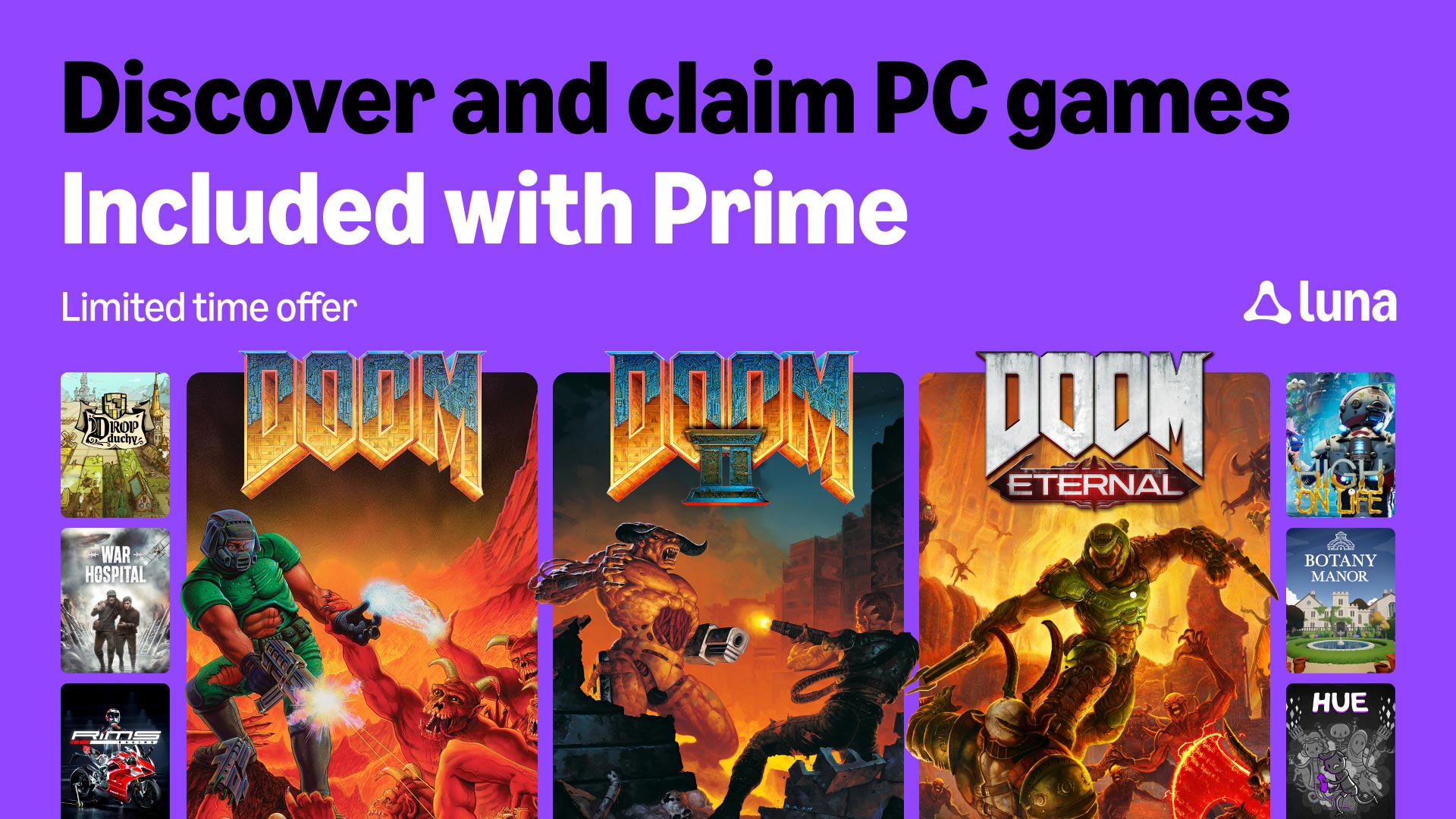 A promotional banner for Amazon Luna shows various PC game covers, including DOOM, DOOM II, and DOOM Eternal, against a bright purple background.
