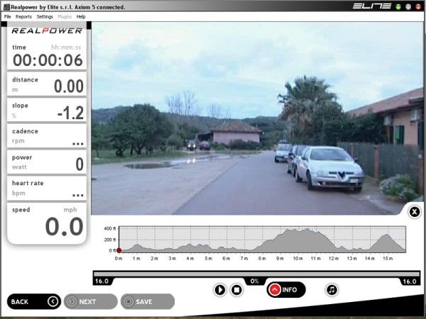Users can pull up a course profile at any point during the training session which also provides a visual cue as to how far you have left to go. A second screen graphs your speed, heart rate and ballpark power output