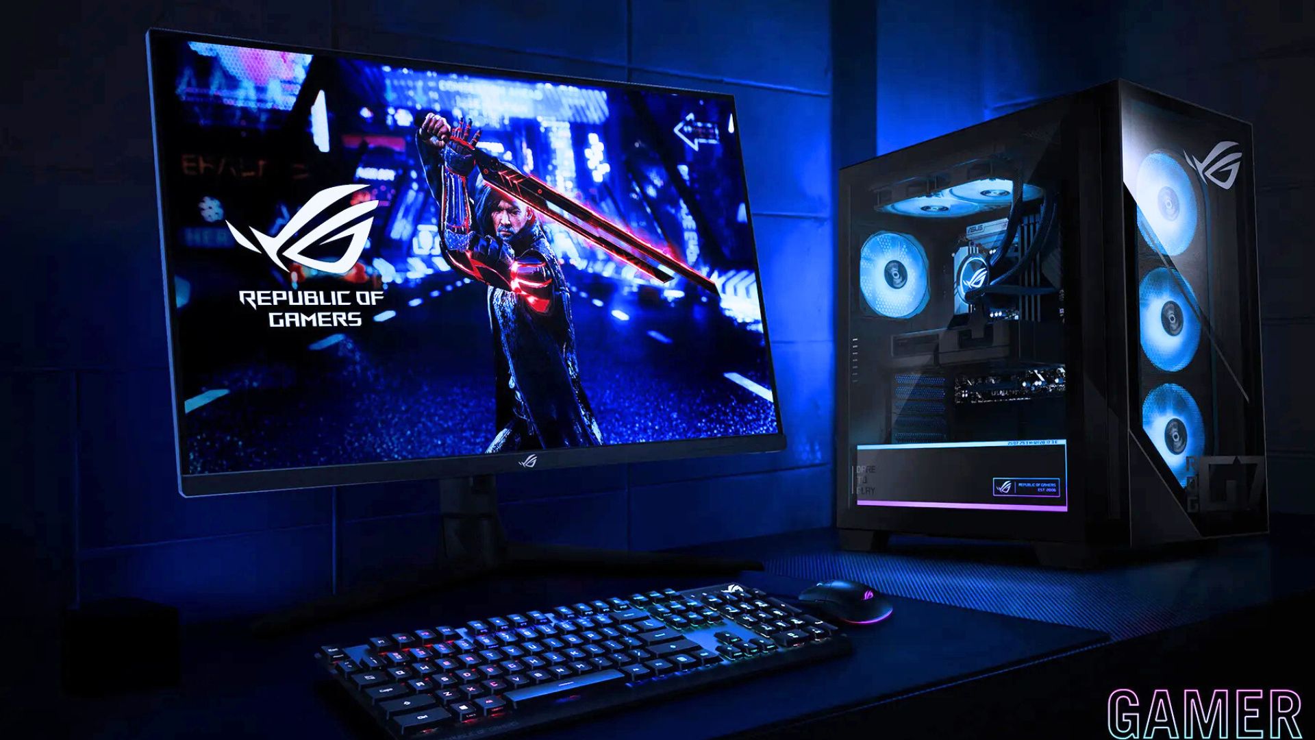 An Asus marketing image of the G700 gaming PC in a ROG gaming setup