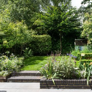 A blooming garden with a hedge and a shed