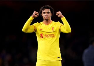 Liverpool’s Trent Alexander-Arnold celebrates after the Premier League match at the Emirates Stadium, London. Picture date: Wednesday March 16, 2022