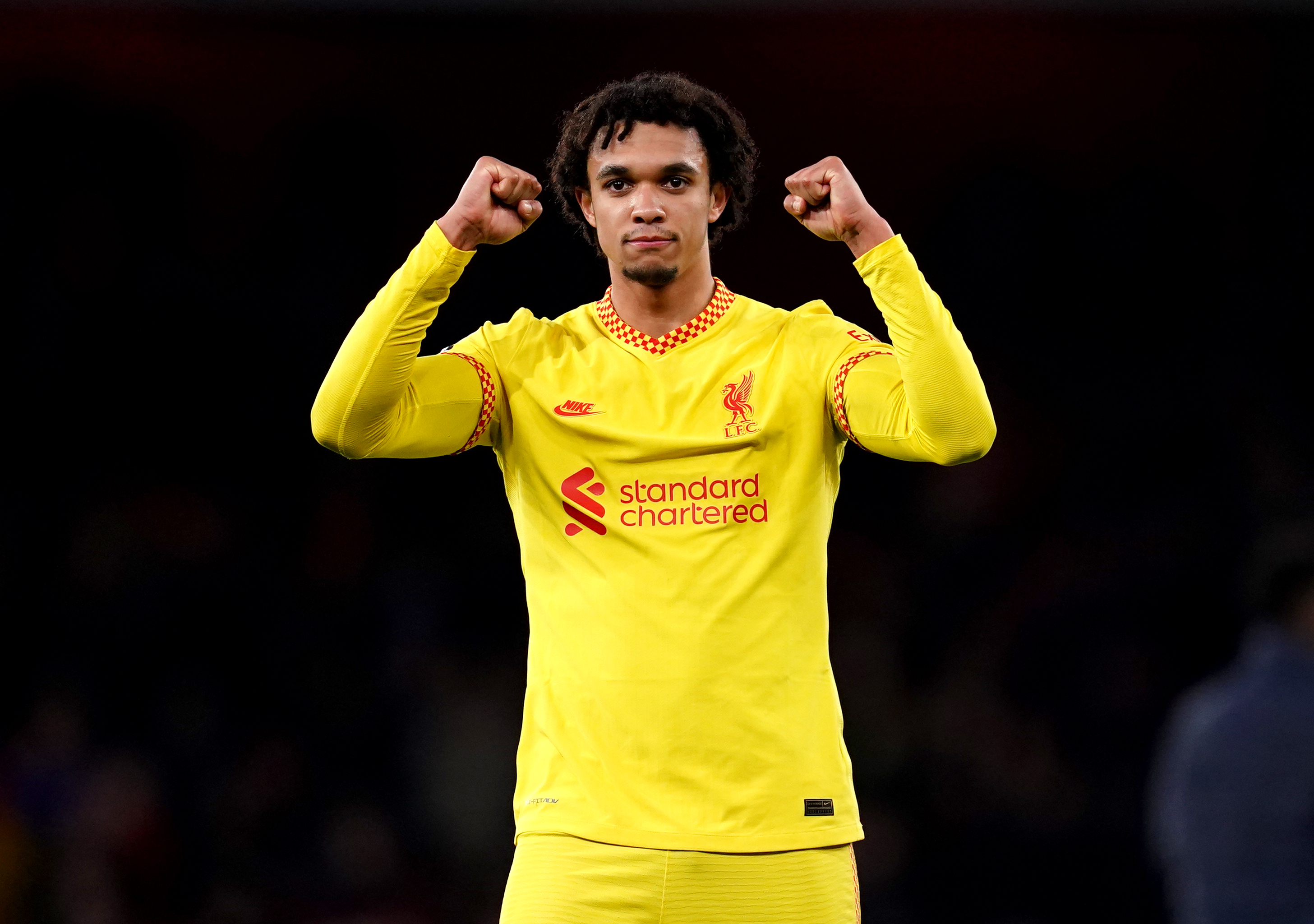 Liverpool's Trent Alexander Arnold celebrates after a Premier League game at the Emirates Stadium in London.  Photo Date: Wednesday March 16, 2022