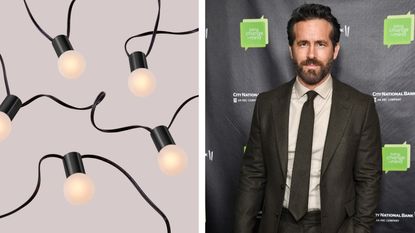 Black string lights on a light grey background next to a photo of Ryan Reynolds in a dark suit on a red carpet with a black and green background wall