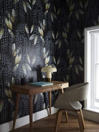 A study area with a dark toned wallpaper