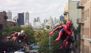 Spider-Man: Homecoming Iron Man and Spider-Man flying through Queens