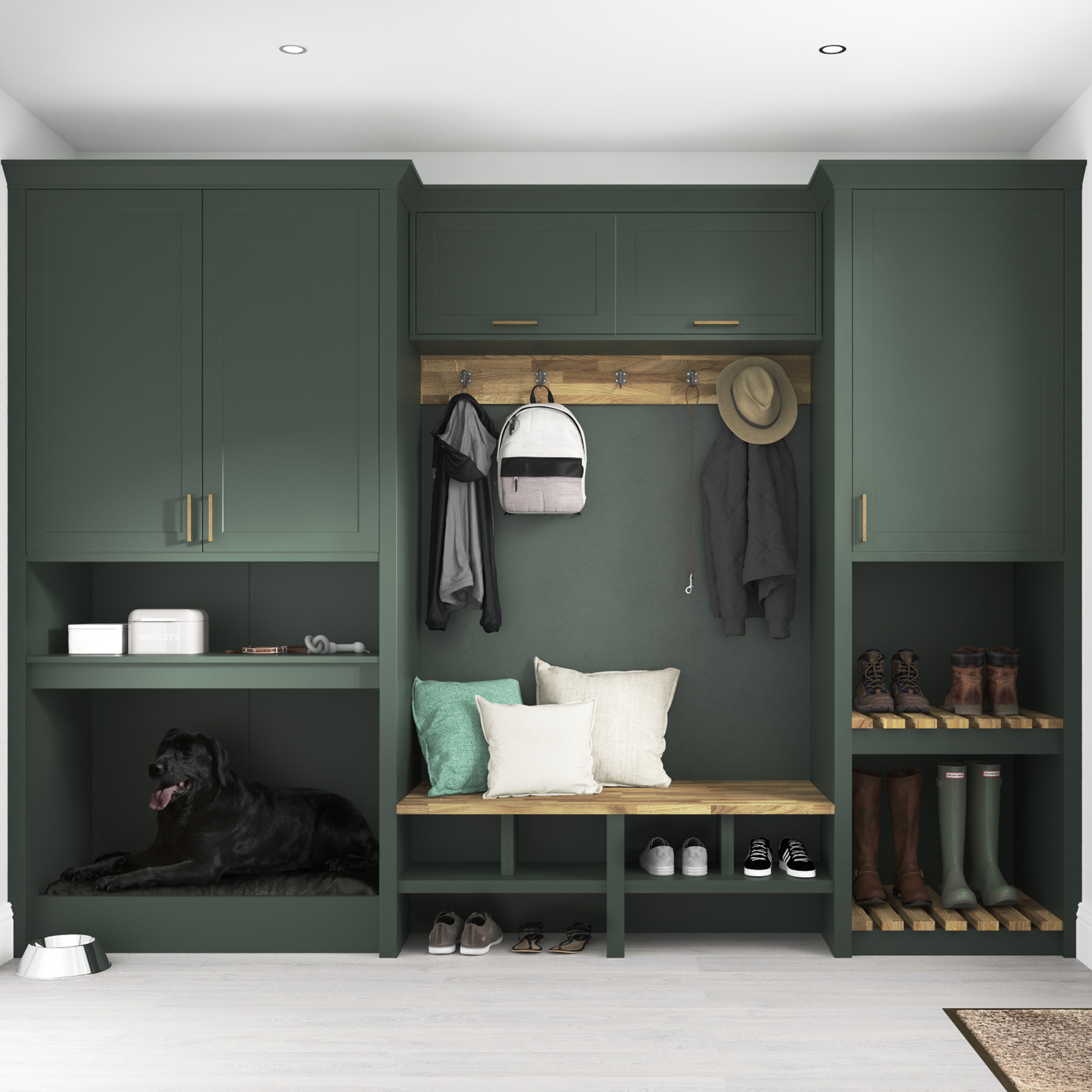 Boot room with green built in cabinetry, seating and dog bed