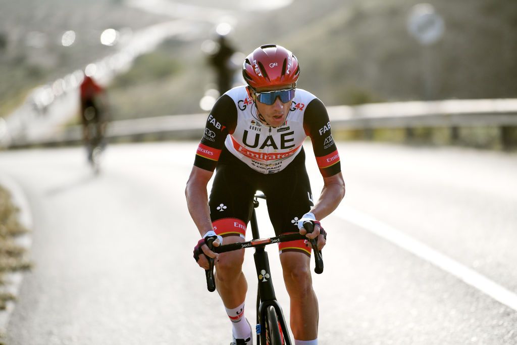 CARTAGENA SPAIN FEBRUARY 12 Brandon Mcnulty of United States and UAE Team Emirates competes in the breakaway during the 42nd Vuelta Ciclista A La Region De Murcia Costa Calida 2022 a 1832km one day race from Fortuna to Puerto de Cartagena VueltaRegionMurcia22 on February 12 2022 in Cartagena Spain Photo by Tim de WaeleGetty Images