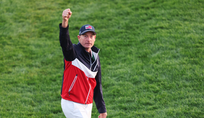 Jim Furyk fist pumps at the Ryder Cup