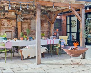 Sheltered outdoor dining area cozied up for winter