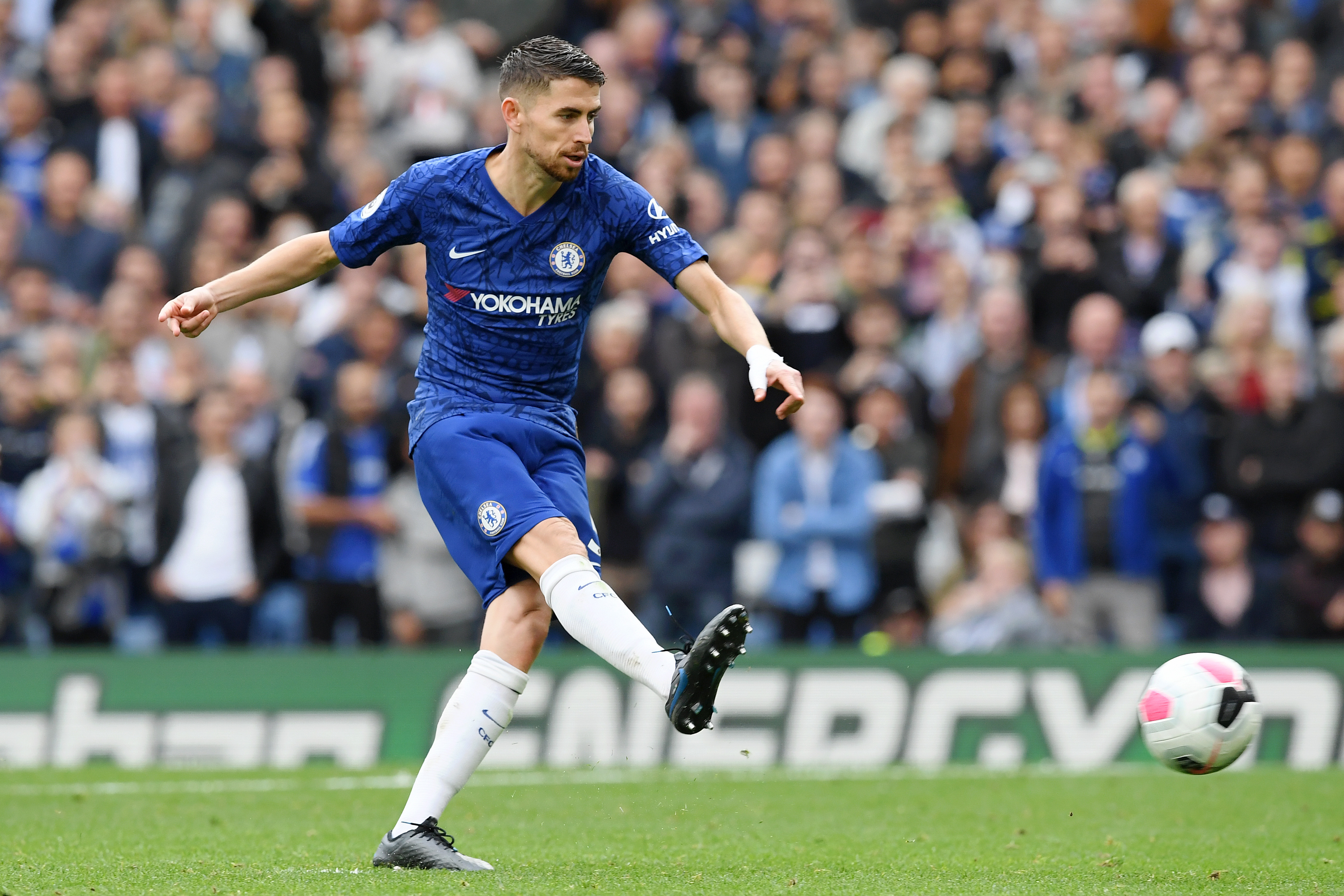 Jorginho scores a penalty for Chelsea against Brighton in September 2019.