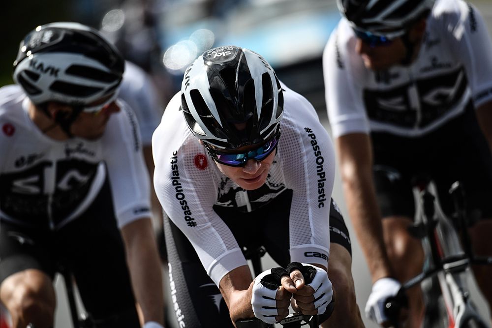 Team Sky head out for a training ride on their time trial bikes wearing new Sky Ocean Rescue kits ahead of the Tour de France