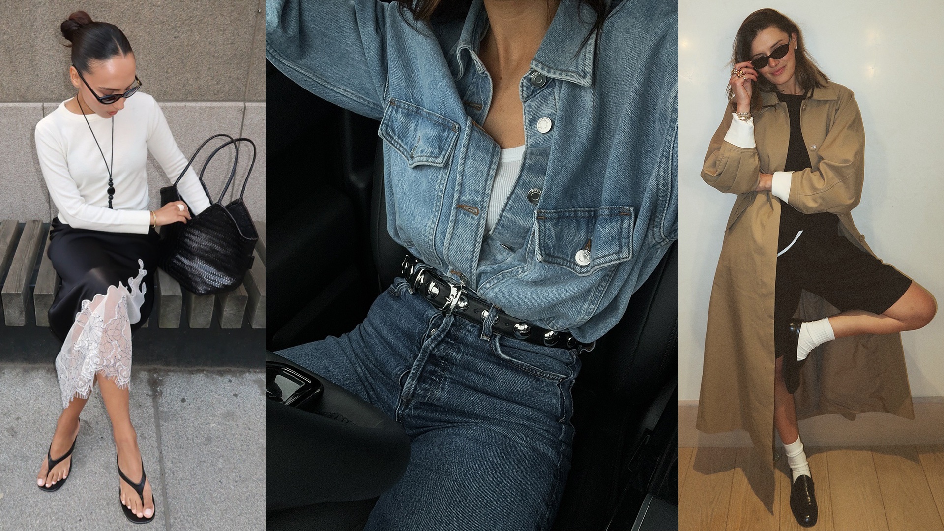 fashion collage of three influencers Ingrid Edvinsen, Jessica Skye, and Coco Schiffer wearing chic outfits for spring 2026 with pieces like a two-tone slip skirt with a lace hem, denim on denim, and a trench coat with loafers