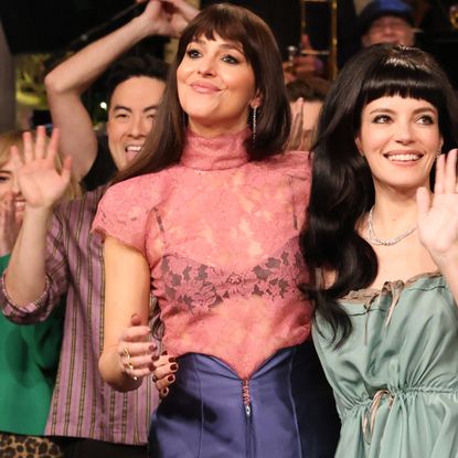 After Dakota Johnson's surprise SNL cameo, she changed into a semi-sheer pink-and-blue after-party look