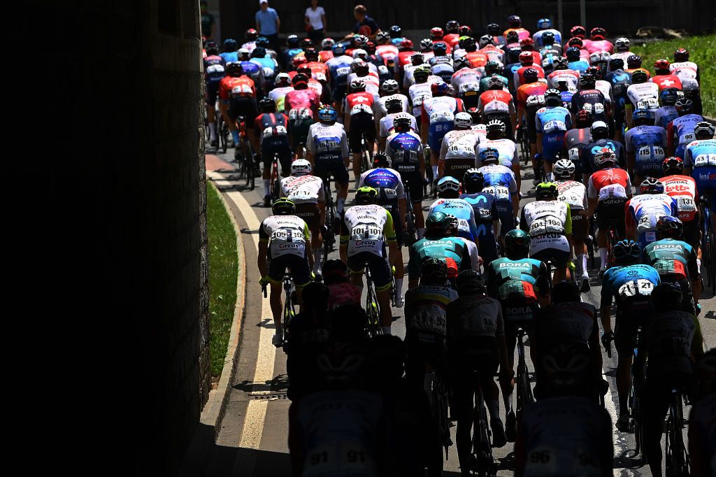 NOVAZZANO SWITZERLAND JUNE 16 A general view of the peloton prior to the 85th Tour de Suisse 2022 Stage 5 a 1901km stage from Ambri to Novazzano 364m ourdesuisse2022 WorldTour on June 16 2022 in Novazzano Switzerland Photo by Tim de WaeleGetty Images