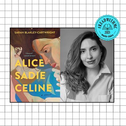 split image of Alice Sadie Celine book cover and Sarah Blakley-Cartwright headshot overlaid grid background with blue ReadWithMC stamp 
