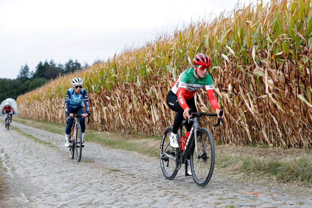 ARENBERG FRANCE SEPTEMBER 30 Elisa Longo Borghini of Italy and Trixi Worrack of Germany and Team TrekSegafredo during the 118th Paris Roubaix 2021 Training Day 1 ParisRoubaix on September 30 2021 in Arenberg France Photo by Bas CzerwinskiGetty Images