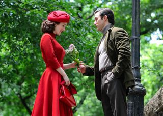 Rachel Brosnahan and Milo Ventimiglia are seen at the film set of 'The Marvelous Mrs Maisel' TV Series on June 10, 2021 in New York City