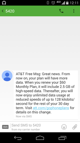AT&T notification of GoPhone throttling