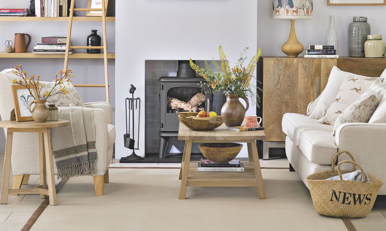 living room with sofa and wooden teapoy