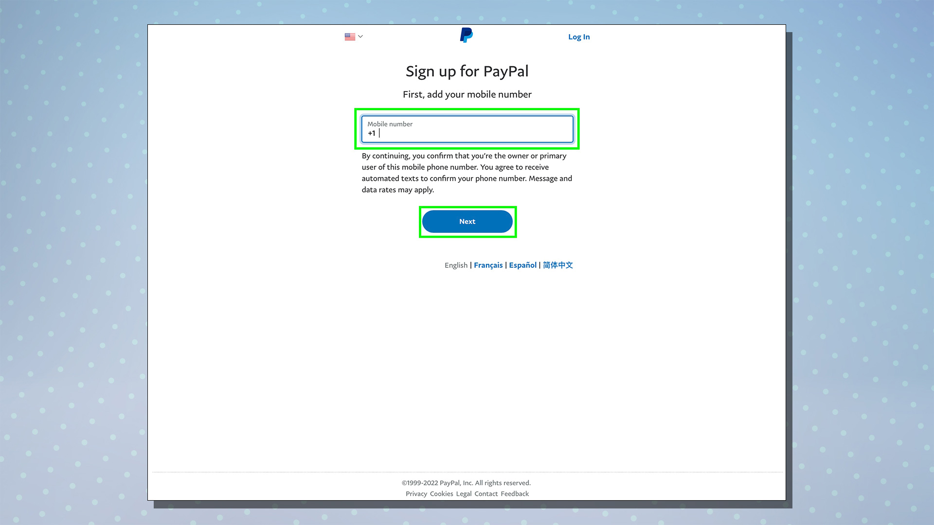 Скриншот, показывающий процесс настройки PayPal.  На этом экране отображается диалоговое окно номера мобильного телефона.