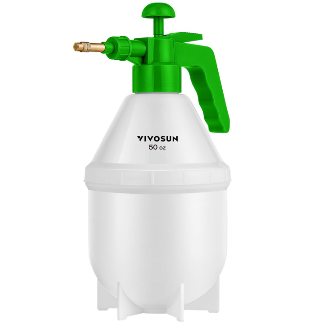 a product photo of a white seed misting bottle with a bright green nozzle