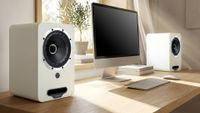Fyne Audio Cubitt wireless speaker system in white on a computer desk