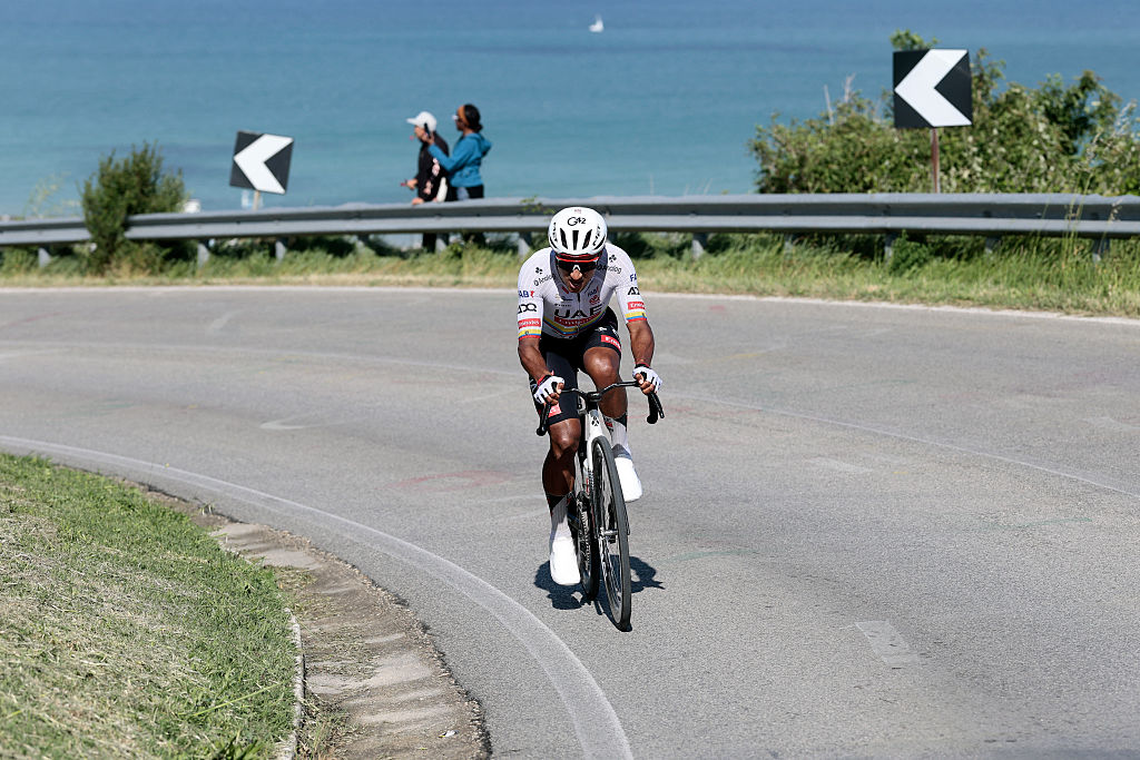 UAE Team Emirates - XRG rider Jhonatan Narvaez climbs the Capodarco during the 8th stage of the Giro d'Italia 2026 - Tour of Italy cycling race between Chieti and Fermo, central Italy on May 16, 2026. (Photo by Luca Bettini / AFP via Getty Images)
