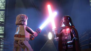 Luke vs. Darth Vader in light saber battle in LEGO Star Wars; The Skywalker Saga