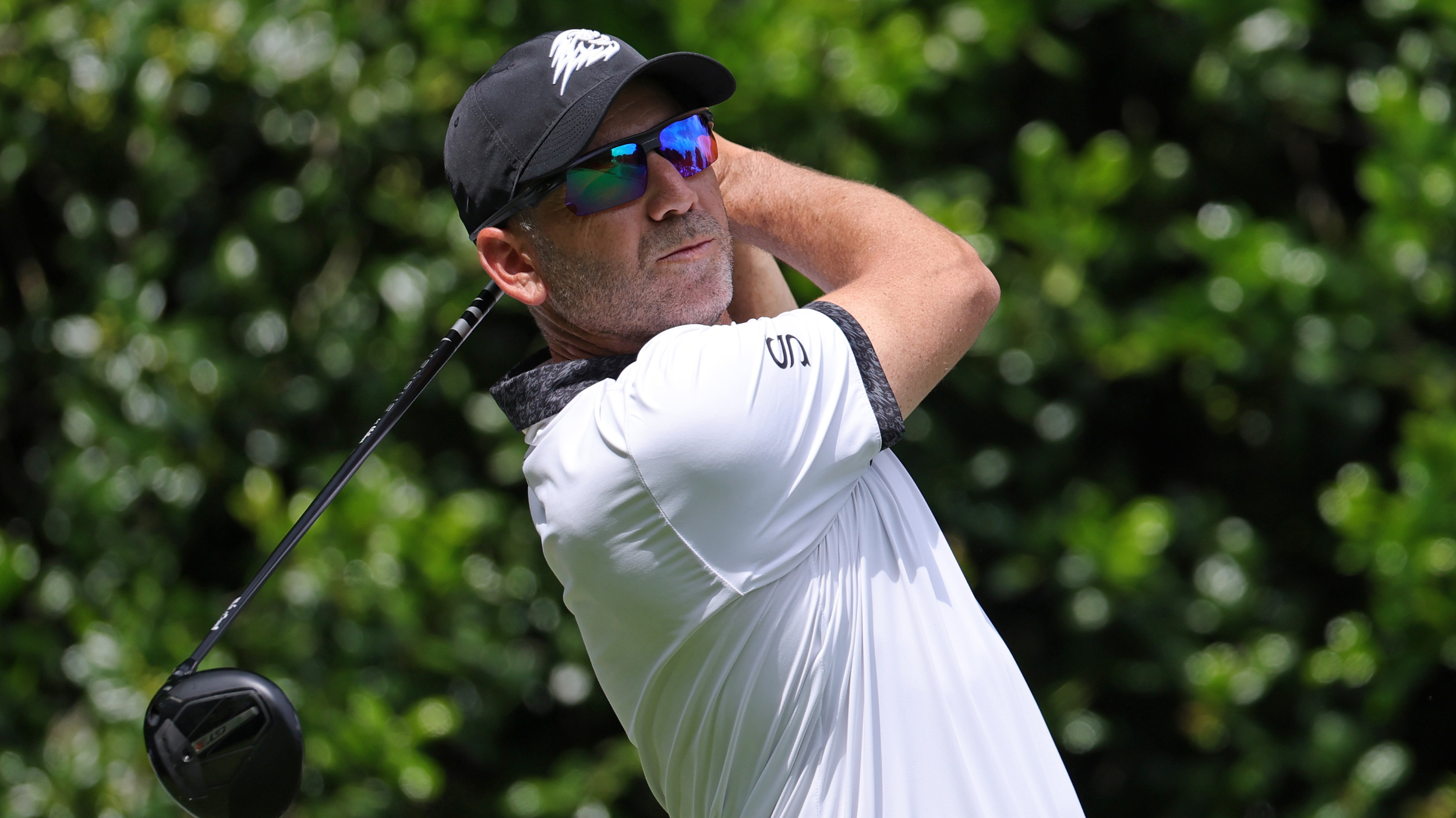 Sergio Garcia takes a shot in a PGA Championship practive round 