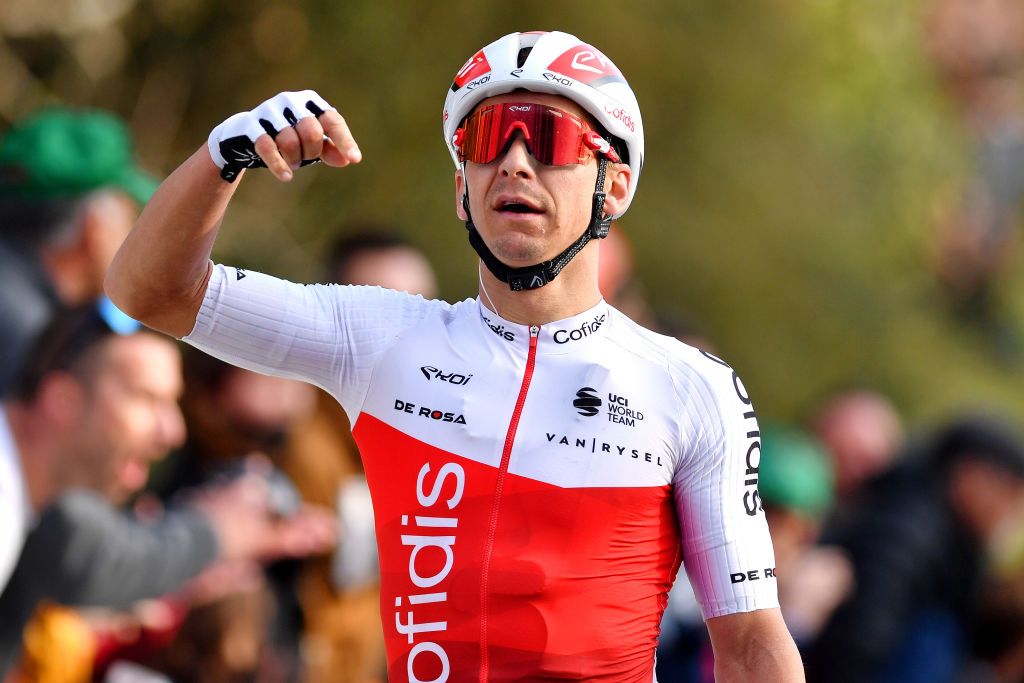 MANOSQUE FRANCE FEBRUARY 12 Bryan Coquard of France and Team Cofidis celebrates winning during the 6th Tour de La Provence 2022 Stage 2 a 1806km stage from Arles to Manosque 417m TDLP22 on February 12 2022 in Manosque France Photo by Luc ClaessenGetty Images