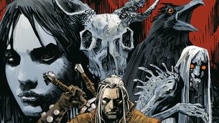 Geralt, backed by a crone, a bird, a skull, and a mystery woman