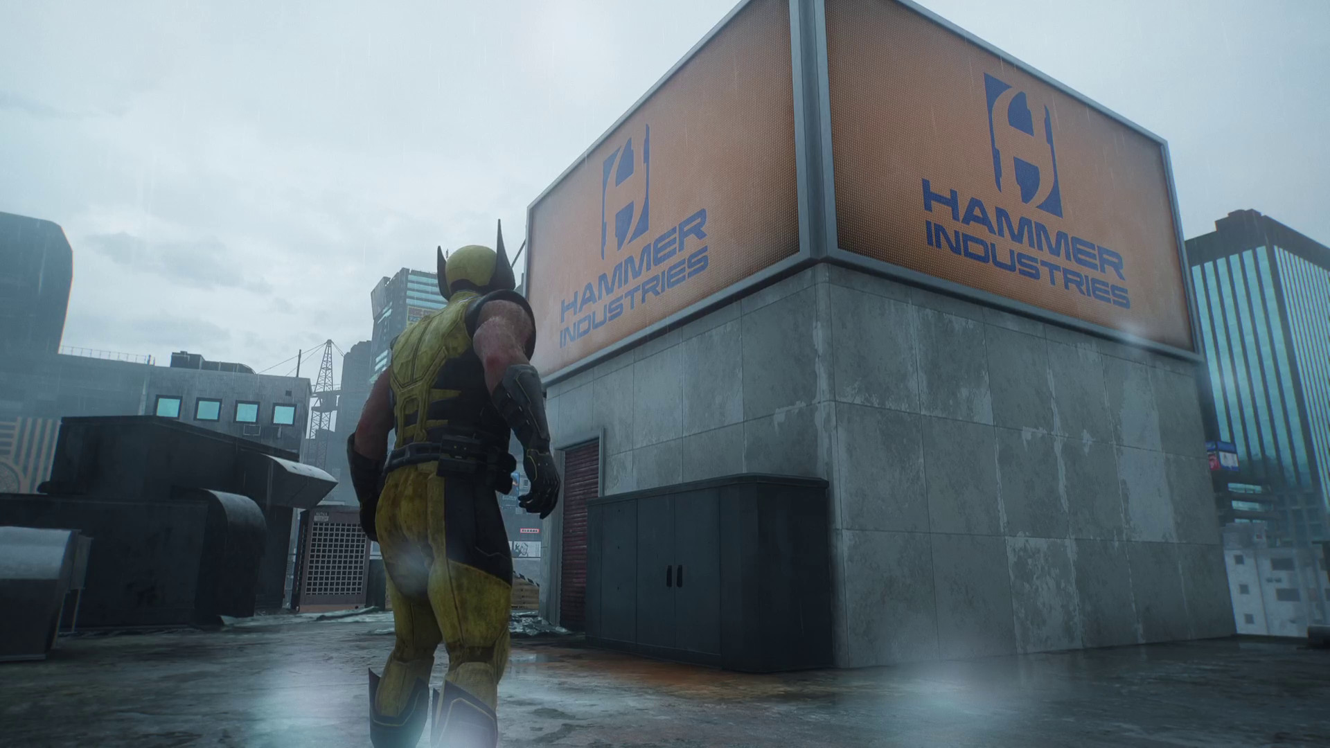 Wolverine looking at two billboards for Hammer Industries during Marvel's Wolverine