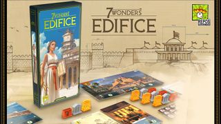 7 Wonders Edifice promo banner with box, cards, and tokens