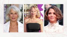 A collage of 'cosy bob' hairstyles: on the left, Dame Helen Mirren is pictured with a tousled bob at the "The Thursday Murder Club" UK Premiere at Leicester Square Gardens on August 21, 2025 in London, England, followed by a picture of Pamela Anderson, also seen with a wavy bob hair look, at the Opening Ceremony And Deauville Talent Award To Pamela Anderson during the 51st Deauville American Film Festival on September 05, 2025 in Deauville, France. Finally, on the right, is a picture of Halle Berry with a curly bob haircut at the closing ceremony red carpet at the 78th annual Cannes Film Festival at Palais des Festivals on May 24, 2025 in Cannes, France. All featured in a white and grey marble-look template with pink lines.