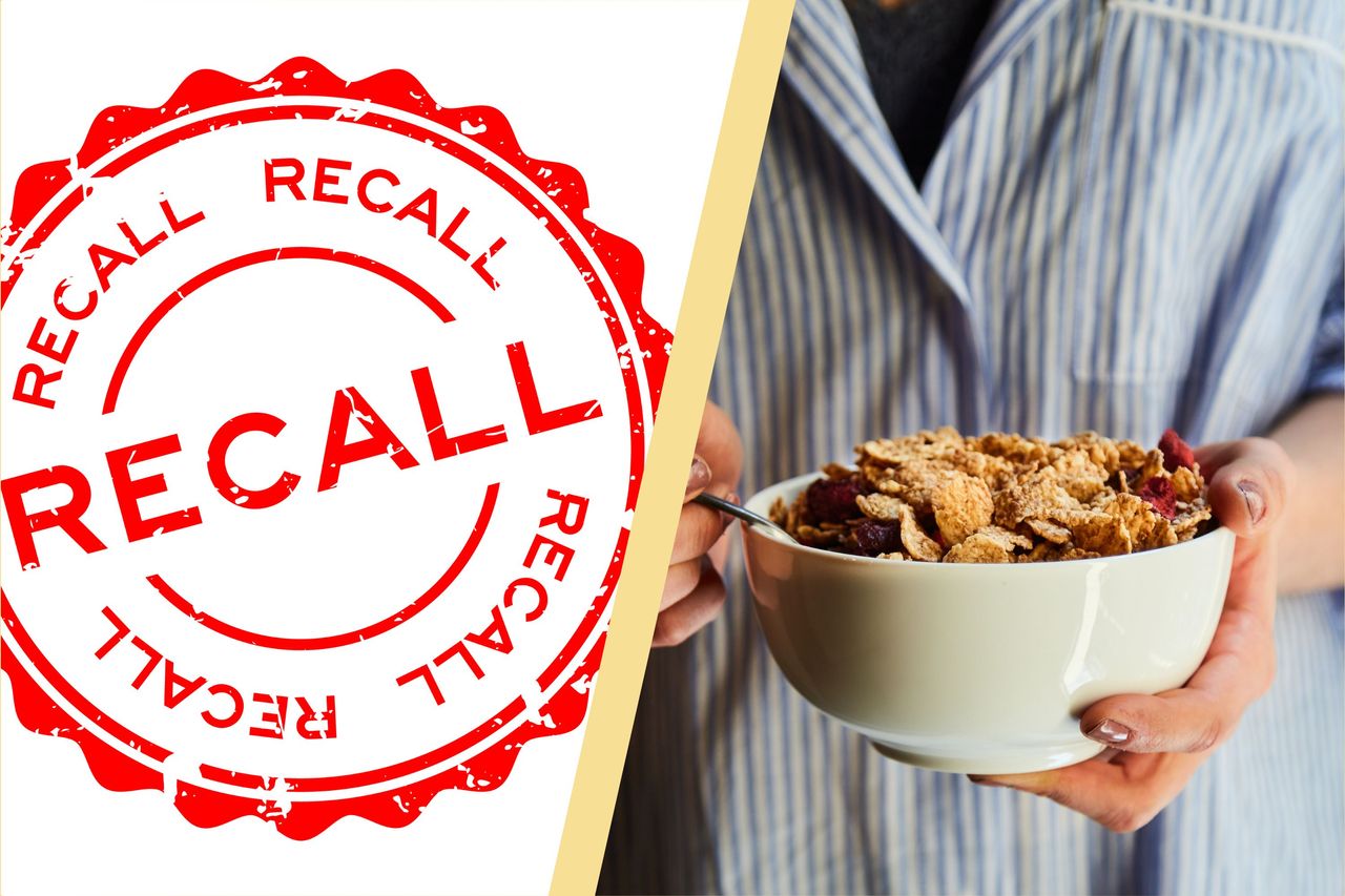 Food recall logo split layout with someone holding breakfast cereal in a bowl