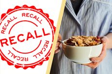 Food recall logo split layout with someone holding breakfast cereal in a bowl