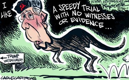 Political Cartoon U.S. Mitch McConnell Russia dinosaur impeachment trial senate
