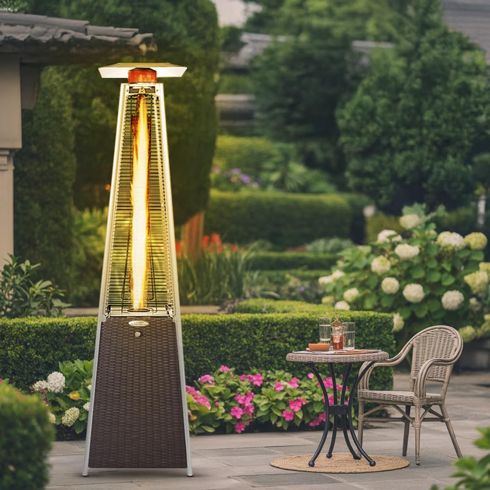 Bu-Ko Outdoor Patio Gas Heater | Garden, Camp, Bbq Parties | Stainless Steel Pyramid Style 13kw Propane Burner | Portable Wheels, Regulator &amp;amp; Hose | Lpg Warm Heating Fire &amp;amp; Water Proof Cover Included