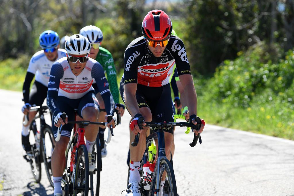 LIDODIFERMO ITALY MARCH 15 Emils Liepins of Latvia and Team Trek Segafredo Brent Van Moer of Belgium and Team Lotto Soudal during the 56th TirrenoAdriatico 2021 Stage 6 a 169km stage from Castelraimondo to Lido di Fermo Breakaway TirrenoAdriatico on March 15 2021 in Lido di Fermo Italy Photo by Tim de WaeleGetty Images