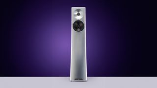 YG Acoustics Carmel 3 floorstanding speaker against purple background