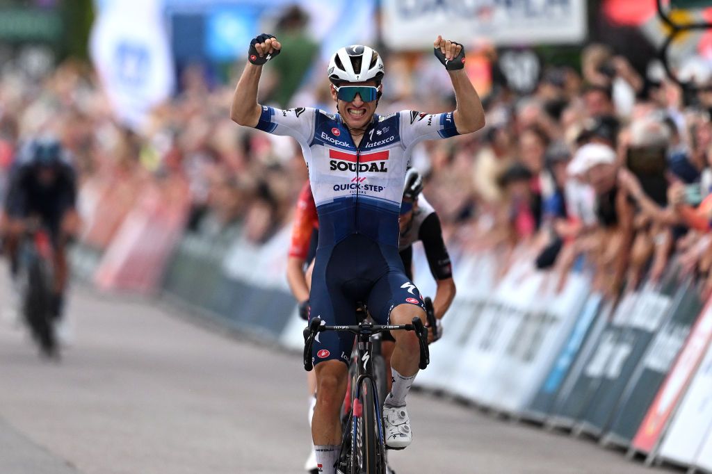 MERZIG GERMANY AUGUST 24 Ilan Van Wilder of Belgium and Team Soudal Quick Step celebrates at finish line as stage winner during the 38th Deutschland Tour 2023 Stage 1 a 179km stage from Sankt Wendel to Merzig on August 24 2023 in Merzig Germany Photo by Christian KasparBartkeGetty Images