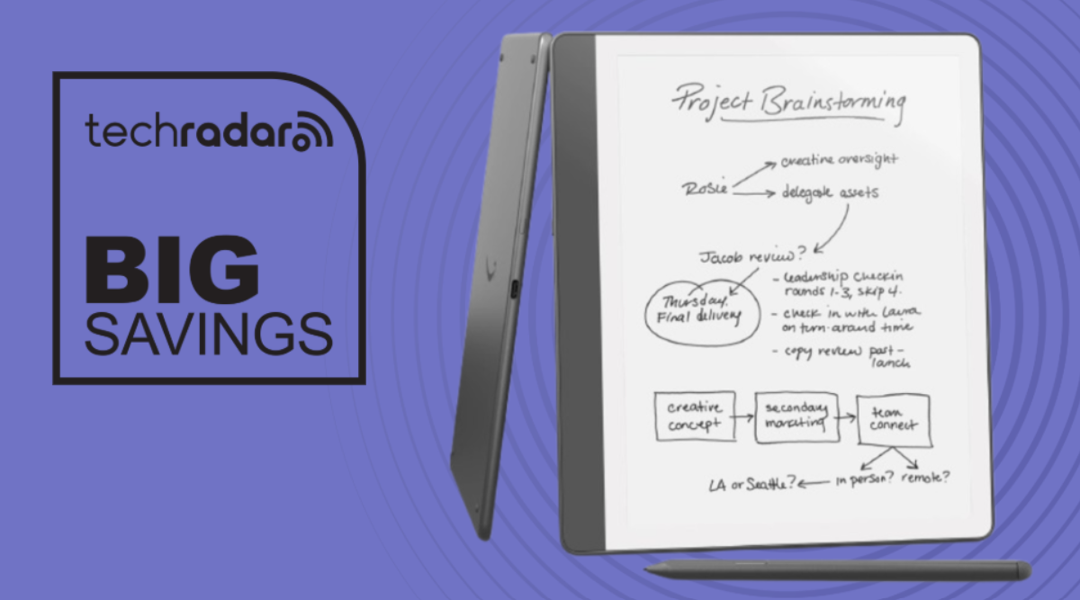 Amazon Kindle Scribe 2024 on a purple background beside a TechRadar badge reading 'Big Savings'
