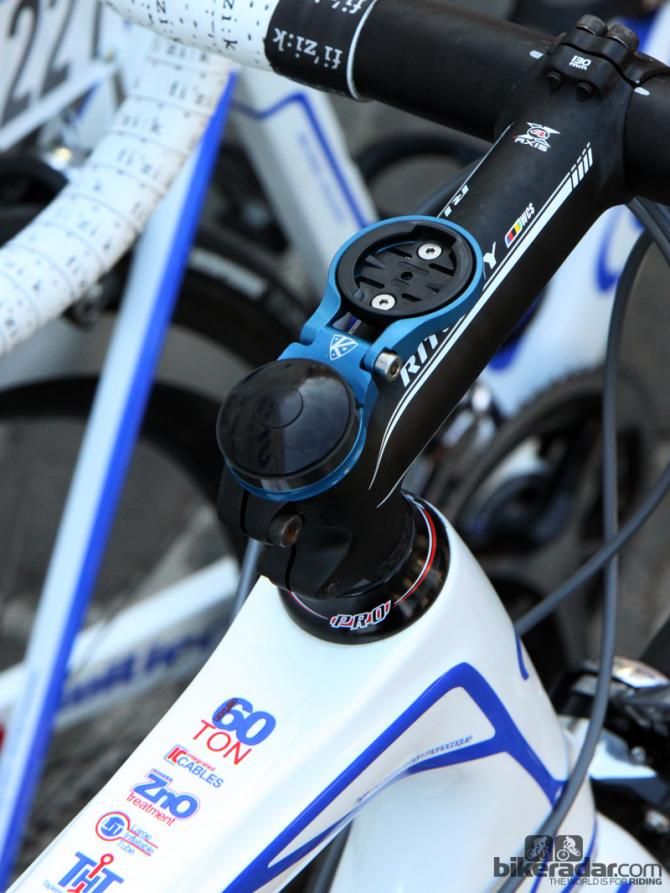 While most riders seem to prefer having their Garmin Edge displays out in front of the bars, Danny Summerhill (UnitedHealthcare) instead has opted for K-Edge's steerer cap mount