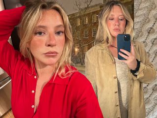 Collage of NYC style and beauty TikTok influencer Martine Lavelle wearing bronzed beauty looks with a red polo top and a tan suede jacket in front of a snowy West Village street.