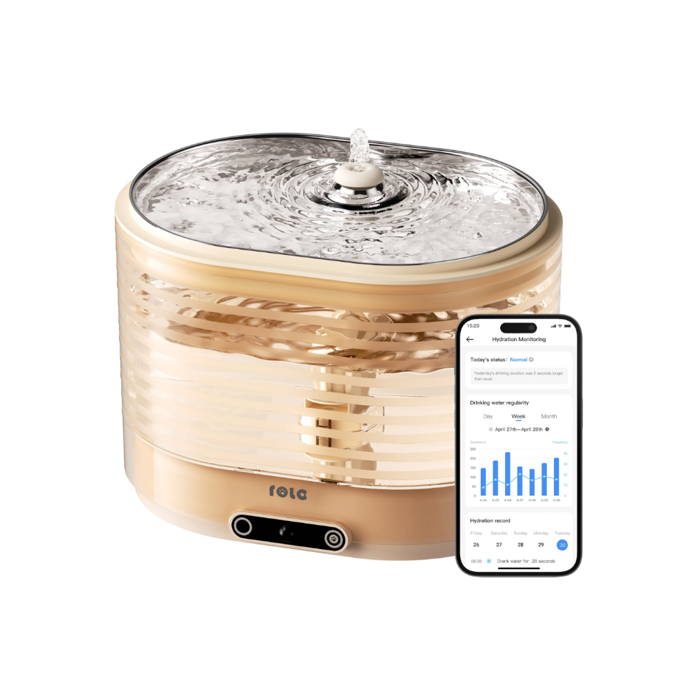 enabot ROLA smart pet fountain next to the app display on a phone, one of the best pet water fountains