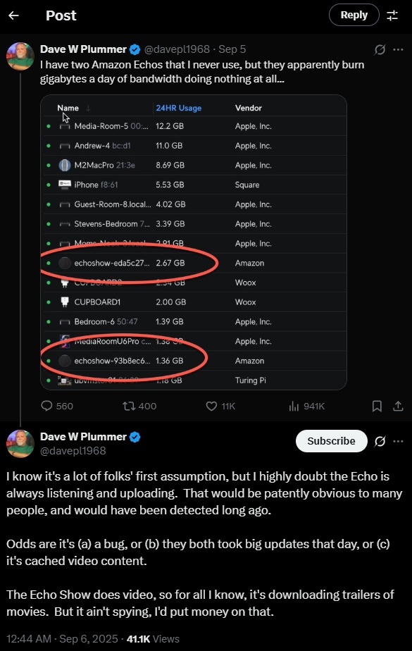 Dave W Plummer tweeting about his Amazon Echo Show devices