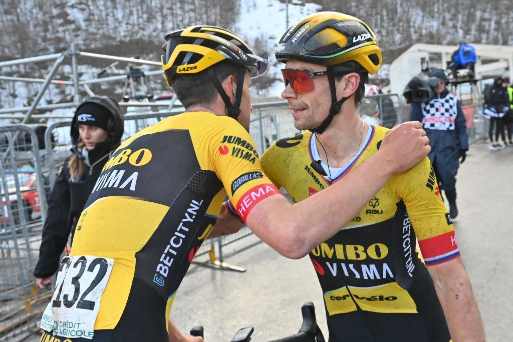 Belgian Tiesj Benoot of JumboVisma congratulates Slovenian Primoz Roglic of JumboVisma after winning stage 5 of the TirrenoAdriatico cycling race 1656 km from Morro dOro to Fonte Landina in Italy Friday 10 March 2023 The stage was originally scheduled to finish 24 climbing kilometers higher in SarnanoSassotetto but due to the strong wind the last climbing kilometers were cut BELGA PHOTO DIRK WAEM Photo by DIRK WAEM BELGA MAG Belga via AFP Photo by DIRK WAEMBELGA MAGAFP via Getty Images