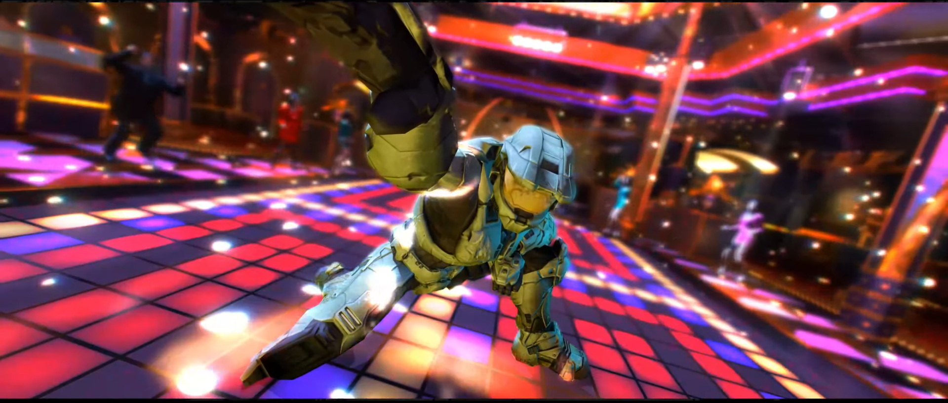 An image of a modified Yakuza 0 replacing disco-dancing protagonist Kiryu with Master Chief, an armored super soldier, on a light-up dance floor