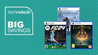Three PS5 game boxes on a cyan background with white big savings text